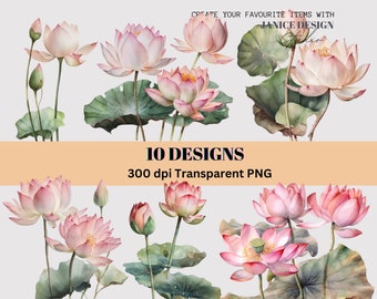 Clipart di loto ad acquerello: illustrazione floreale in formato PNG trasparente (licenza commerciale)