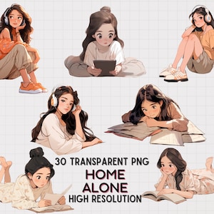 JDES 30 Girl clip arts, girl reading, Music, Drawing, Games, girl illustration transparent PNG for digital stickers, journaling, planners