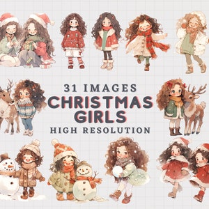Baby Mädchen in Weihnachten Clipart, süße Baby und Rentier Clip Art, Schneemann, Mädchen im Winter Bundle PNG für Karte, Journal, Planer, Aufkleber