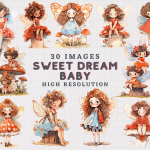 JDES 30 Enchanting Fairies with mushrooms Clipart Bundle, Baby Fairies with Mushroom Friends transparent PNG, Storybook Illustrations