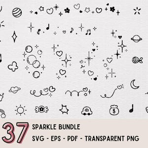 Ster, hart en schittering clipartbundel, transparante PNG, schittering svg, sprankelende maan en ster clipart, hand getrokken, vectorbestand, elementen