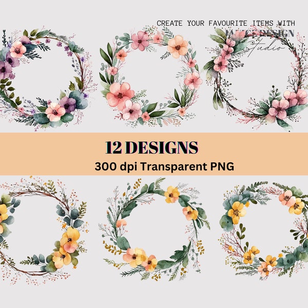 Wreath Png Bundle, Wreath Monogram, Watercolor Wreath, Floral circle frame, Floral Edge,  Wreath Sublimation, Circle Frame Png