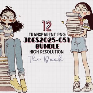 JDES2025-051 Cartoon Girl Clipart Bundle, Kawaii girl with books Illustration transparent PNG for Scrapbooking, Journaling, Sticker, Planner