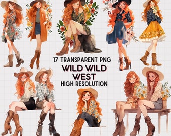 Floral Cowgirl Clipart: Girls with Boots PNG Bundle (Digital Download)