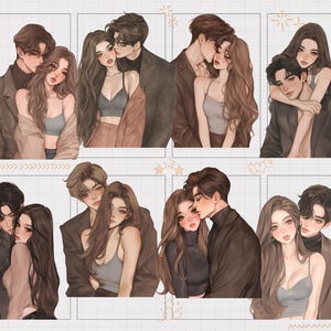 May include: A collection of eight illustrations featuring couples in romantic poses. Each image depicts a man and woman embracing, with soft color palettes and detailed facial features. The artwork has a digital painting style.