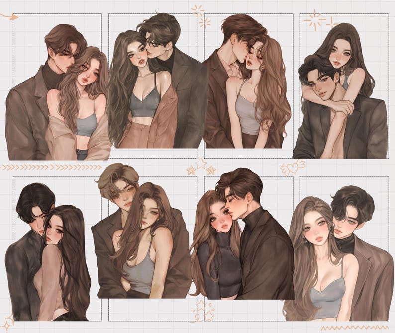 May include: A collection of eight illustrations featuring couples in romantic poses. Each image depicts a man and woman embracing, with soft color palettes and detailed facial features. The artwork has a digital painting style.
