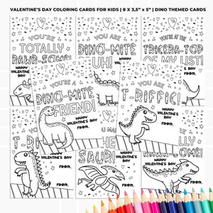 Biglietti da colorare di San Valentino / Biglietti di San Valentino stampabili, Biglietti di San Valentino per bambini, Biglietti di San Valentino da colorare stampabili, Biglietti per la classe, Dino