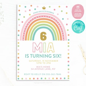 Rainbow 6th Birthday Invitation: Editable Party Template (Corjl)