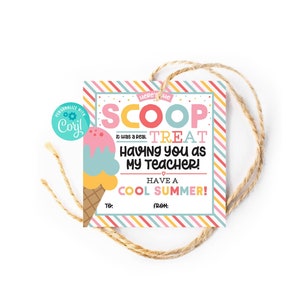 Étiquette-cadeau imprimable de fin d'année pour les enseignants, carte-cadeau pour une crème glacée, idées cadeaux pour les enseignants, téléchargement pour la dernière journée d'école pendant les vacances d'été, étiquettes modifiables