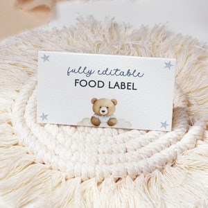 do chá de fraldas do tema do urso etiquetas de comida | Cartões editáveis para mesa de buffet, rótulos de alimentos personalizados com urso fofo, chá de bebê para meninos para impressão