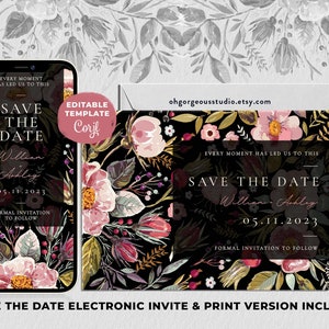 Floral Save the Date Announcement | Save Our Date Template, Digital Invitation, Printable Invitation, Wedding Announcement, Moody Floral