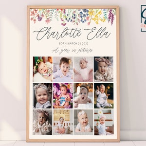 Erstes Jahr in Fotos druckbare Poster | 1 Jahr Meilenstein Fotovorlage, benutzerdefinierte Foto Collage Poster, Geburtstag druckbar, 1. Geburtstag