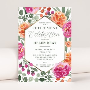 Invitación de jubilación bastante floral, plantilla de invitación de jubilación editable para mujeres, plantilla de invitación de lámina de oro de flores brillantes para jubilarse