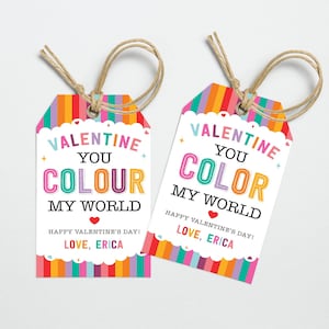 Modèle d’étiquette cadeau arc-en-ciel pour la Saint-Valentin | Imprimable You Color My World Valentine Tags, Crayons modifiables Kids Valentine, Téléchargement instantané