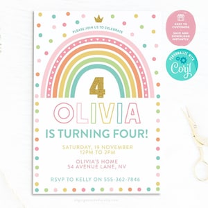 Rainbow 4th Birthday Invitation: Editable Party Invite (Corjl)