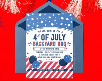 4th of July BBQ Invitation: Patriotic Stars & Stripes, Editable Template