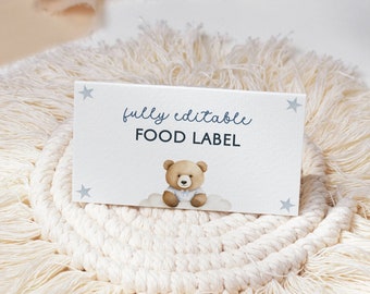 Etichette alimentari per tende per baby shower a tema orso / Carte modificabili per tavolo da buffet, Etichette alimentari personalizzate con orsetto carino, Stampabili per baby shower per ragazzi