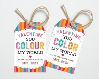 Rainbow Valentine's Day Gift Tag Template | Printable You Color My World Valentine Tags, Editable Crayons Kids Valentine, Instant Download