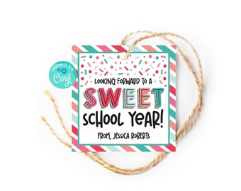 May include: A pink and green striped gift tag with confetti sprinkles and the text "Looking forward to a sweet school year!"  From, Jessica Roberts.