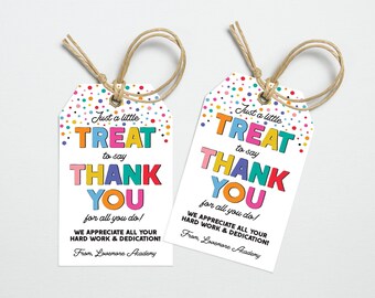 Könnte beinhalten: Zwei bunte Geschenkanhänger mit Konfetti-Hintergrund. Die Anhänger sagen "Just a little treat to say thank you for all you do! We appreciate all your hard work & dedication! From, Lovemore Academy."