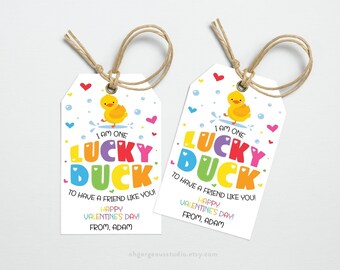 May include: A colorful Valentine's Day gift tag with a yellow rubber ducky and the text "I am one lucky duck to have a friend like you! Happy Valentine's Day! From, Adam."