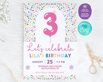 3rd Birthday Confetti Party Invitation | Editable Printable Birthday Invitation, 3rd Birthday Invite, 3 Years Old Balloon Birthday Invite