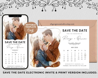 Save The Date Calendar Template with Photo | Save The Date Digital Download, Modern Boho Save The Date Template, Editable, Instant Access