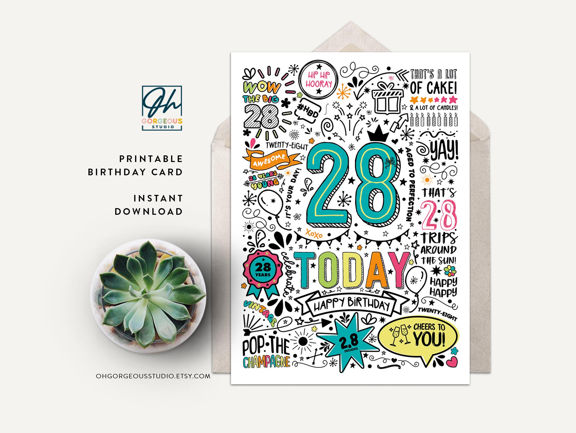 28th Birthday Card: Doodle Style Printable (digital Download) - Etsy