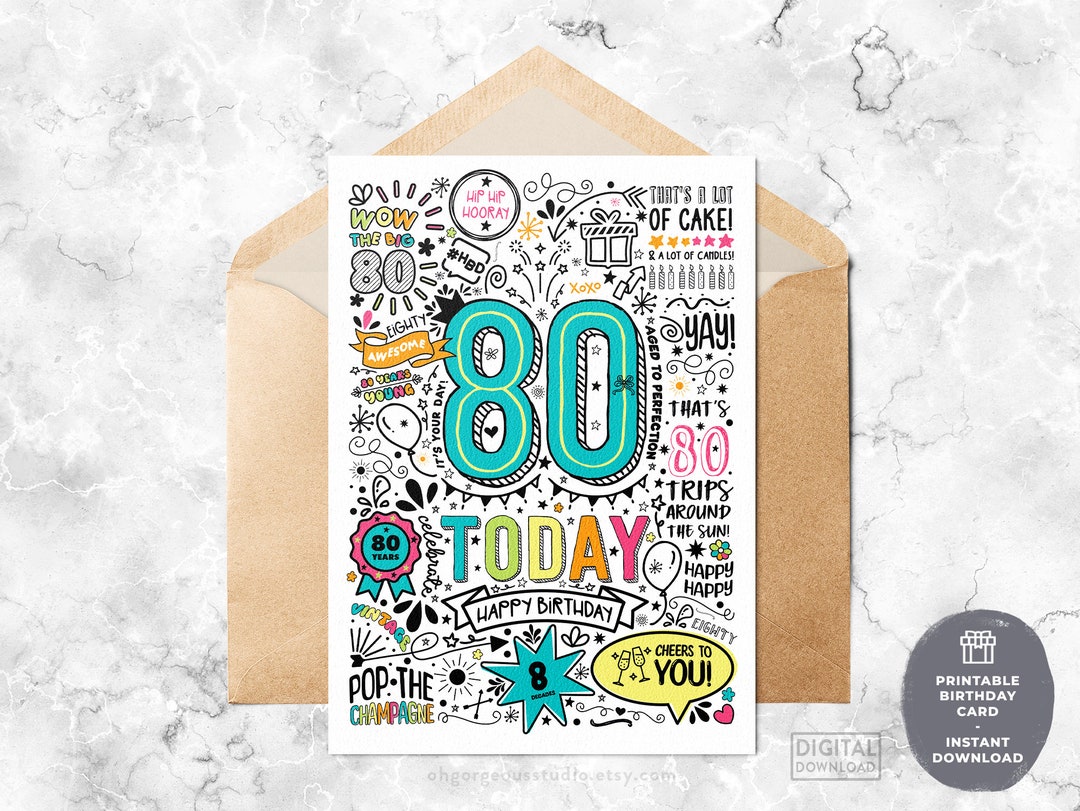 80th Printable Birthday Card | 80 Today Birthday Downloadable Card ...