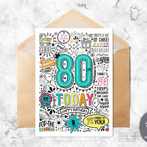 80e afdrukbare verjaardagskaart | 80 vandaag downloadbare verjaardagskaart, Doodle stijl verjaardagskaart, gelukkige verjaardag voor jou, Instant Download