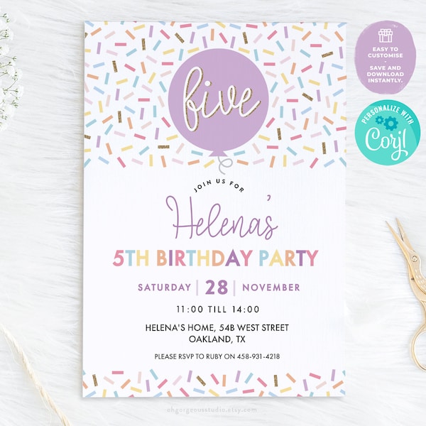 Sprinkles 5th Birthday Invitation: Pastel Balloon Party Invite (Editable in Corjl)