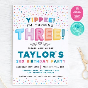 3. Geburtstagseinladung | Yippee Ich bin drei Geburtstagsparty, Kinderparty-Vorlage, Geburtstag zum Ausdrucken, digitale Einladung, Zwillings-Geburtstag einladen