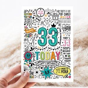 33º Cartão de Aniversário para Imprimir | 33º Cartão de Aniversário para Baixar Hoje, Cartão de Aniversário Estilo Doodle, Feliz Aniversário para Você, Download Instantâneo