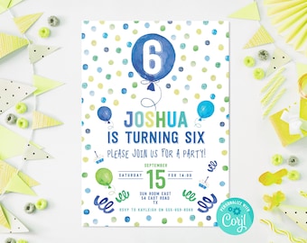 6th Birthday Invitation: Blue Confetti, Editable Template (5x7)