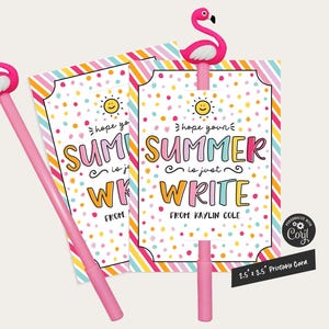Etiqueta de lápis para férias de verão, etiqueta de presente para a turma Just Write, cartão de verão sem doces para amigo/colega de classe, edite em Corjl, modelo editável