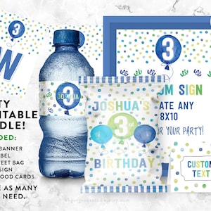 Lot anniversaire garçon, Décorations de fête à imprimer bleues, Étiquette de bouteille d'eau, Enseigne personnalisée, Sac à jetons modifiable, Carte de nourriture pour tente, Fête bleue