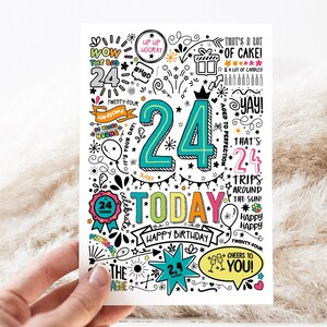 Tarjeta de cumpleaños imprimible número 24 / Tarjeta descargable de cumpleaños número 24 de hoy, tarjeta de cumpleaños estilo garabato, feliz cumpleaños para ti, descarga instantánea