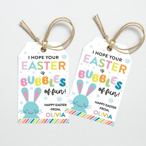 Utskrivbar presentetikett med påskhare: Bubblor av rolig design (redigerbar Corjl-mall)