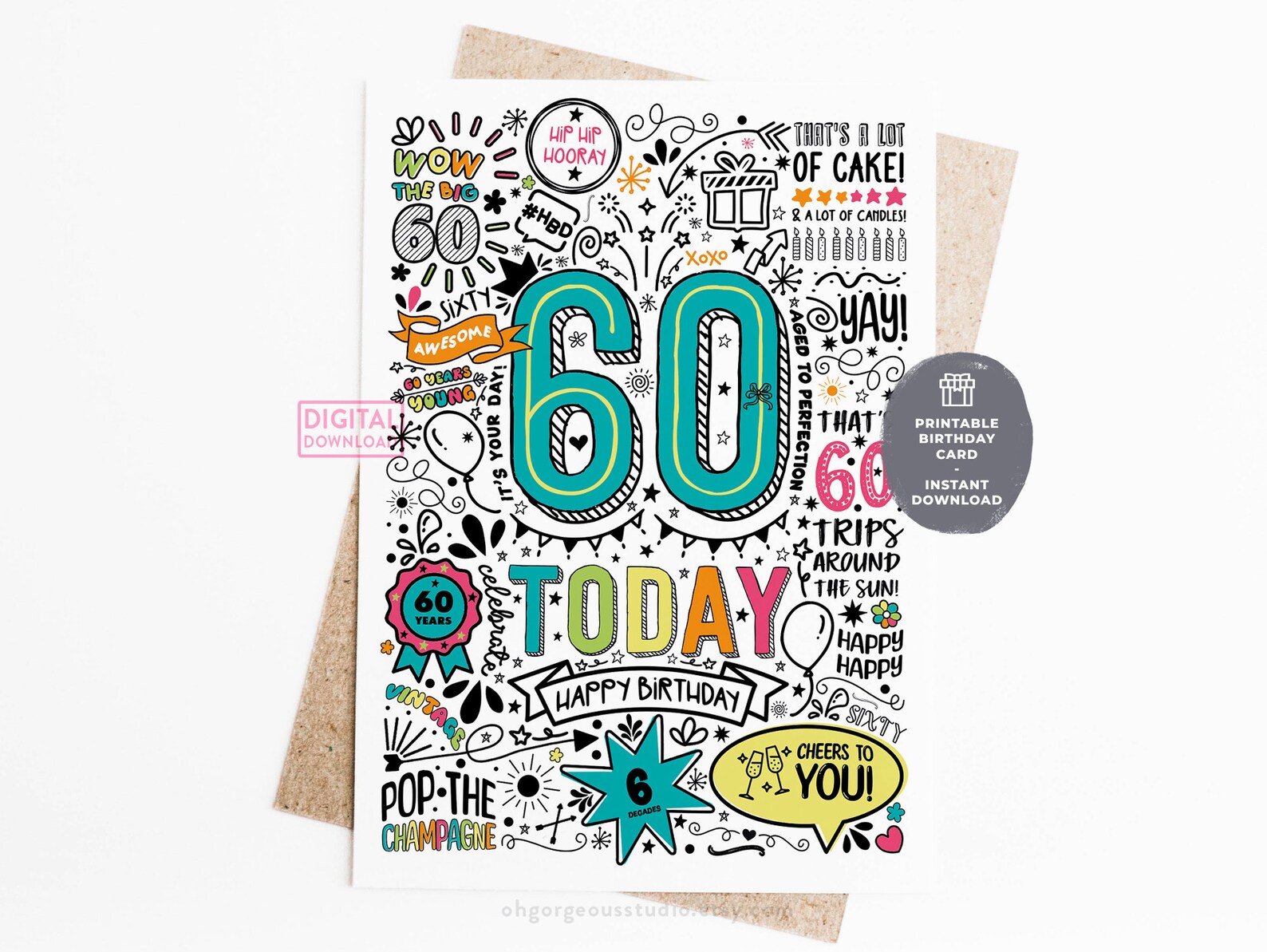 60th Printable Birthday Card 60 Today Birthday Downloadable Card ...