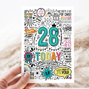 28e anniversaire imprimable | Carte téléchargeable d'anniversaire 28 aujourd'hui, carte d'anniversaire de Style Doodle, joyeux anniversaire à vous, téléchargement immédiat