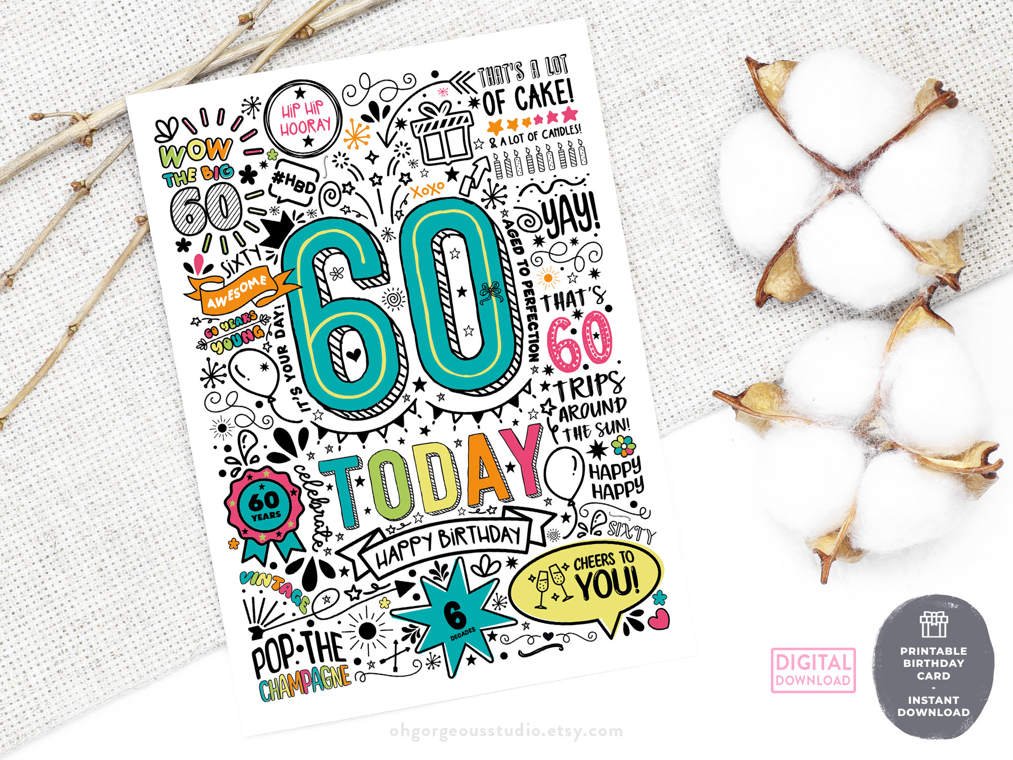 60th Printable Birthday Card 60 Today Birthday Downloadable - Etsy
