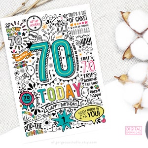 70th Birthday Card: Doodle Style Printable Card (digital Download) - Etsy