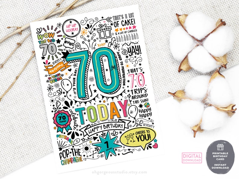 70th Birthday Card: Doodle Style Printable Card (digital Download) - Etsy