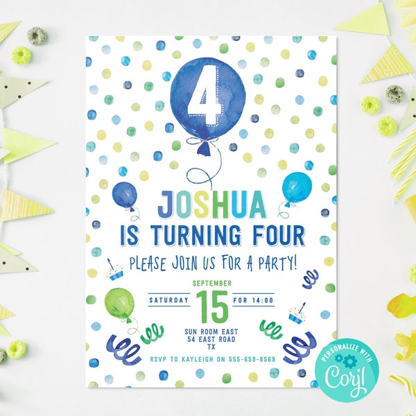 Blue Confetti 4th Birthday Invitation: Editable Party Invite (Digital)