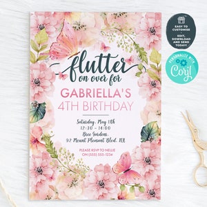 Editable Butterfly Birthday Invitation | Girls Pink Butterfly Party Invite Any Age Invitation Flutter On Over Digital Download Edit In Corjl