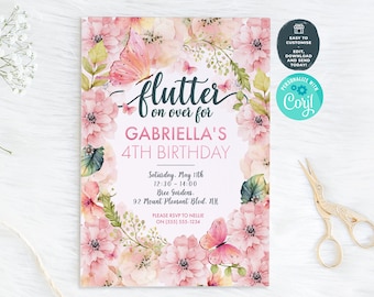 Pink Butterfly Birthday Invitation: Floral Party Invite, Editable in Corjl (Digital Download)