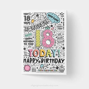 18th Birthday Card | Instant Download Printable Card For 18th Birthday, Digital Download, Print At Home, Doodle Style Birthday Card