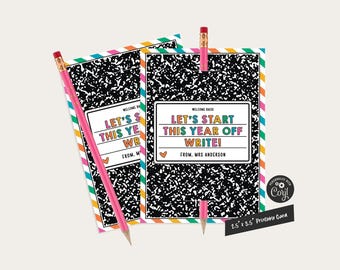 May include: A printable card with a notebook paper design and the text "Let's start this year off write!" in colorful letters. The card is 2.5 inches by 3.5 inches.