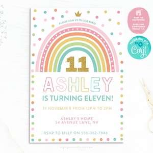 Rainbow 11th Birthday Invitation: Editable Girls Party Template (Corjl)
