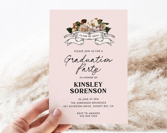 Pink Floral Graduation Invitation Template: Editable Grad Party Invite (Corjl)
